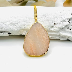 Rose Quartz Necklace Chunky Teardrop gold dipped gemstone and long gold stainless steel chain