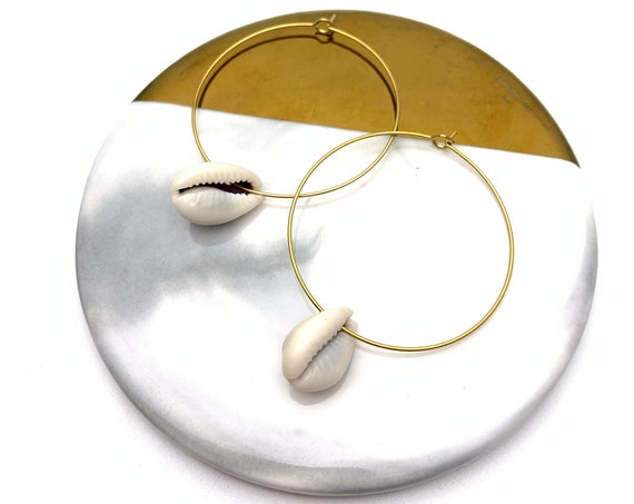 Thin Gold Hoops Cowrie Earrings, boho summer beach natural seashell jewelry