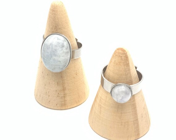 White Moonstone Ring Oval silver stainless steel adjustable hypoallergenic cabochon 18x13 mm or 8 mm