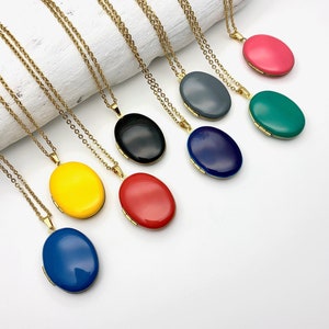Brass Oval Photo Locket Enamel Necklace with long gold surgical steel chain and color pendant with or without initial