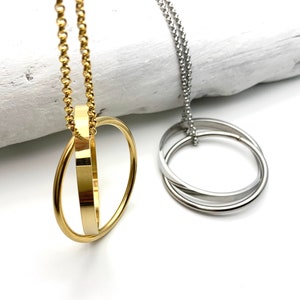 Necklace Double Circle Long & Large 18k gold or silver plated stainless steel
