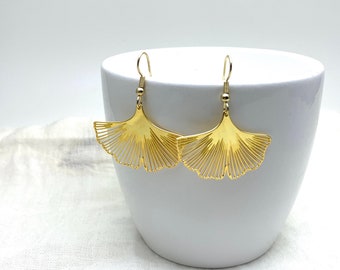 Boucles d'oreilles Feuille Ginkgo plaqué or 24k sur laiton