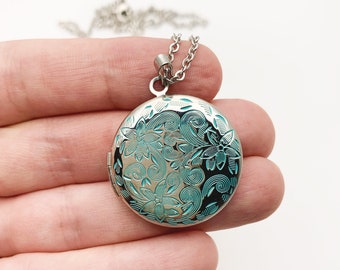 Silver Blue Green Floral Photo Locket Necklace Round Engraved Vintage Retro Style Patina Custom Initial Personalized