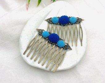 Set de 2 Peignes Fleurs style vintage antique bronze et résine bleue, accessoire cheveux