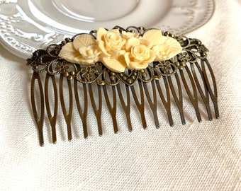 Floral Hair Comb Vintage Retro Antique Bronze Brass and Ivory resin