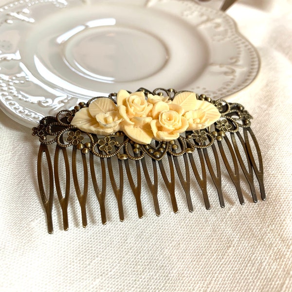 Floral Hair Comb Vintage Retro Antique Bronze Brass and Ivory resin