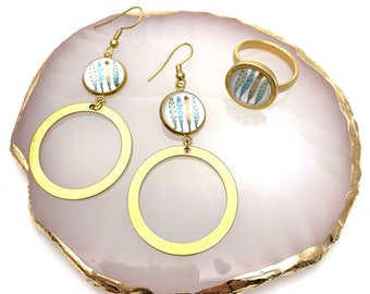 Gold Feathers Set Big Hoops Earrings & Ring