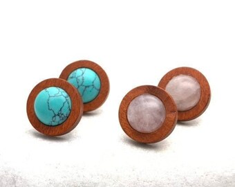 Boucles d'oreilles clous rondes turquoises, bois et acier inoxydable argenté minimalistes hypoallergéniques