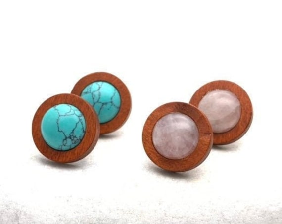 Earrings Turquoise or Rose Quartz and Wood stainless steel round studs