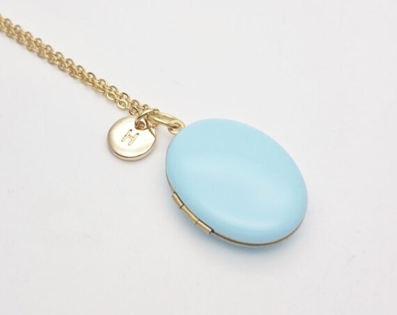 Personalized Oval Photo Locket Necklace. Sky Blue Enamel and 14k gold plated brass pendant with surgical steel chain