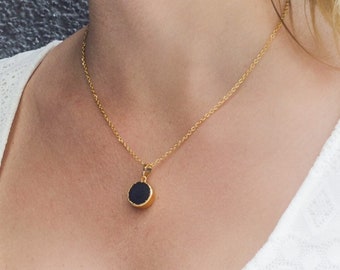 Black Agate Necklace round gold dipped pendant and stainless steel chain