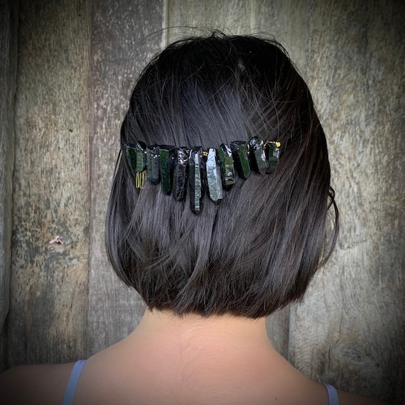 Black Raw Crystal Quartz Comb, Gold Wire Wrapped hair accessory