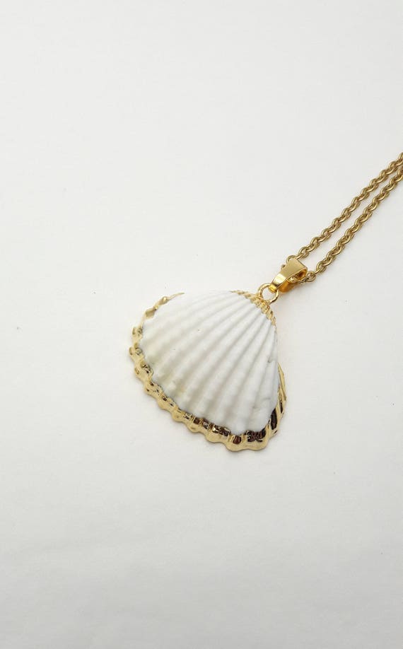 Scallop Necklace Gold White sea shell//Ocean Nautical Beach Boho Mermaid Pendant//Real natural clam gold dipped 24k plated edge pendant