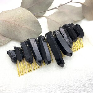 Black Raw Crystal Quartz Comb, Gold Wire Wrapped hair accessory image 7