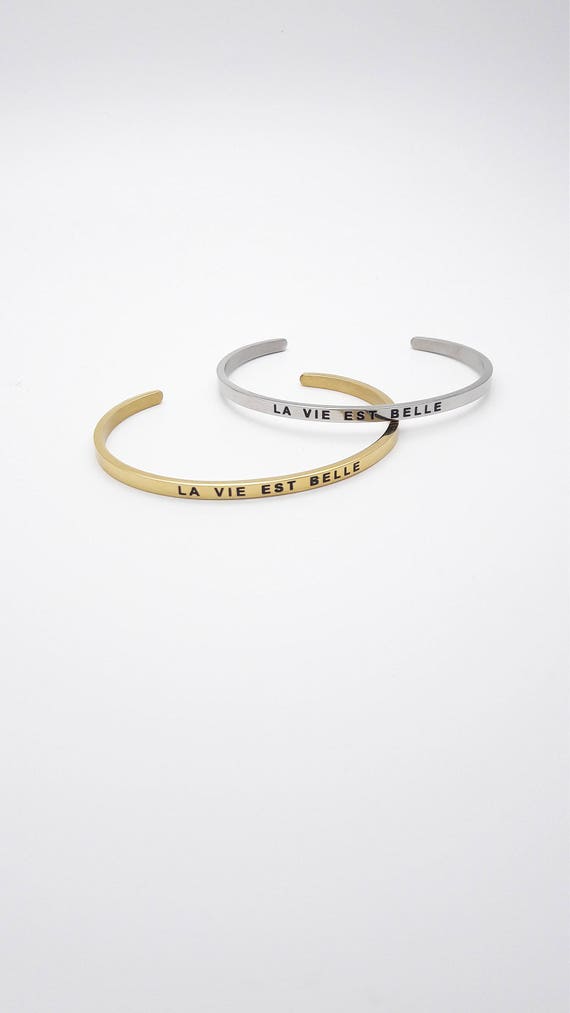 Bangle Bracelet La Vie est belle message gold or silver plated stainless steel//Thin Minimalist Stacking Inspirational Quote engraved cuff