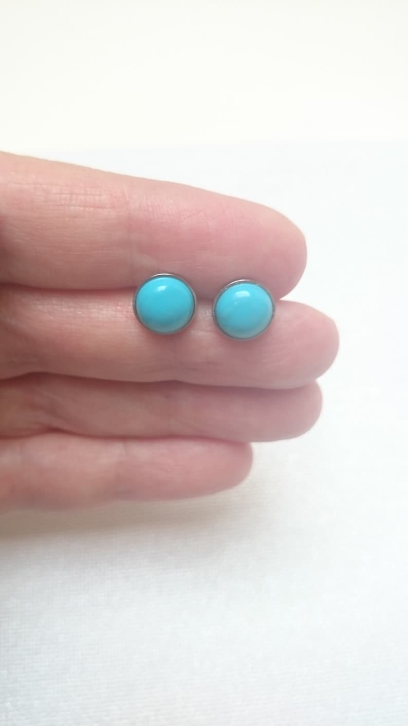 Turquoise and silver stainless steel round earrings studs 12 mm hypoallergenic