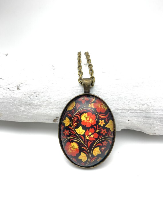 Long Necklace Retro Vintage Style Red Yellow Flowers glass cabochon, antique bronze chain