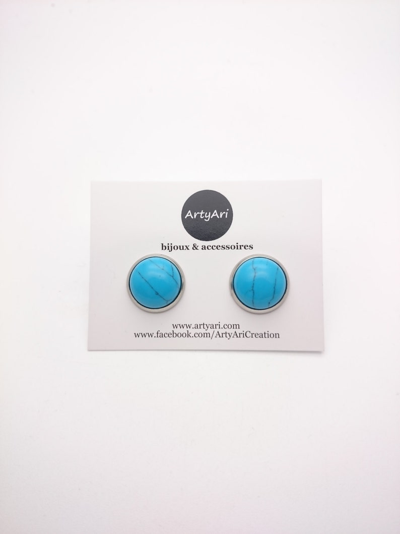 Turquoise and silver stainless steel round earrings studs 12 mm hypoallergenic