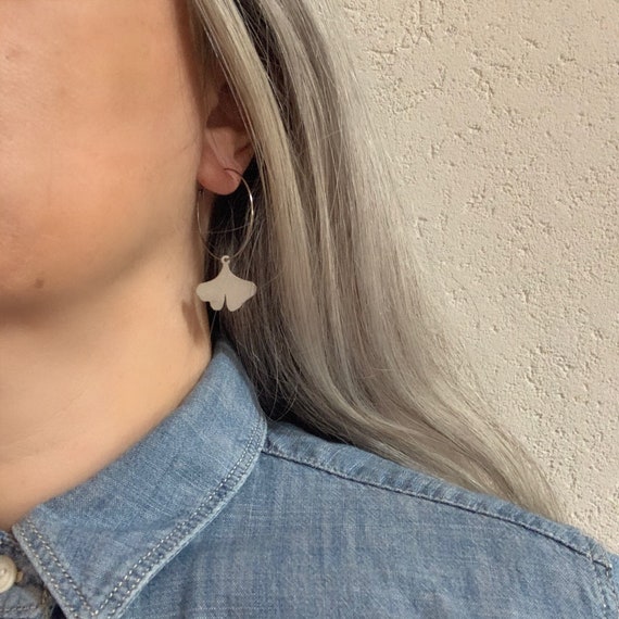 Silver Hoops Earrings GINKGO stainless steel