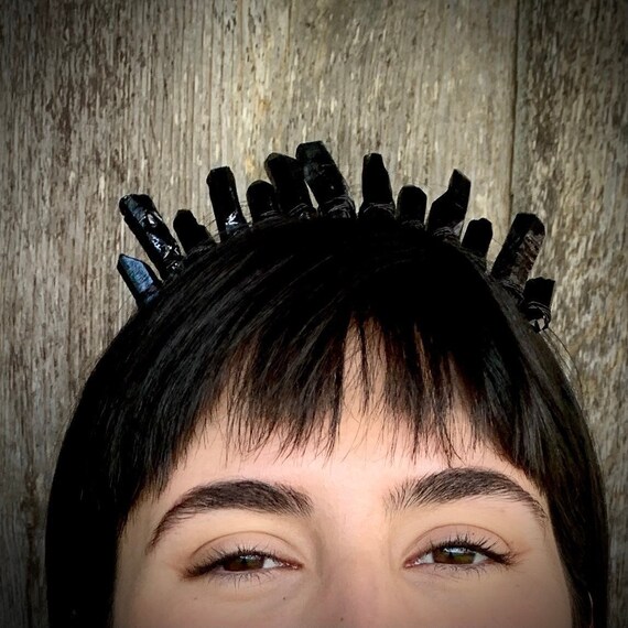 Black Raw Crystal Quartz Crown Tiara Diadem Headband, Black Wire Wrapped hair accessory