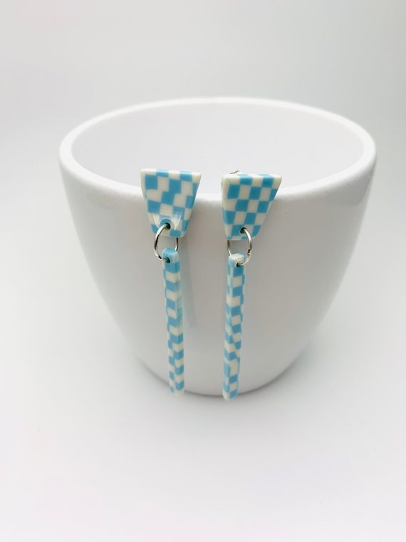Checkered Bars Earrings Blue and White Pastel