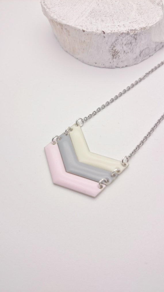 Necklace Pastel Enamel Triple Chevron Cream Grey Pink silver stainless steel chain//Hypoallergenic necklace//V necklace//Chevron pendant