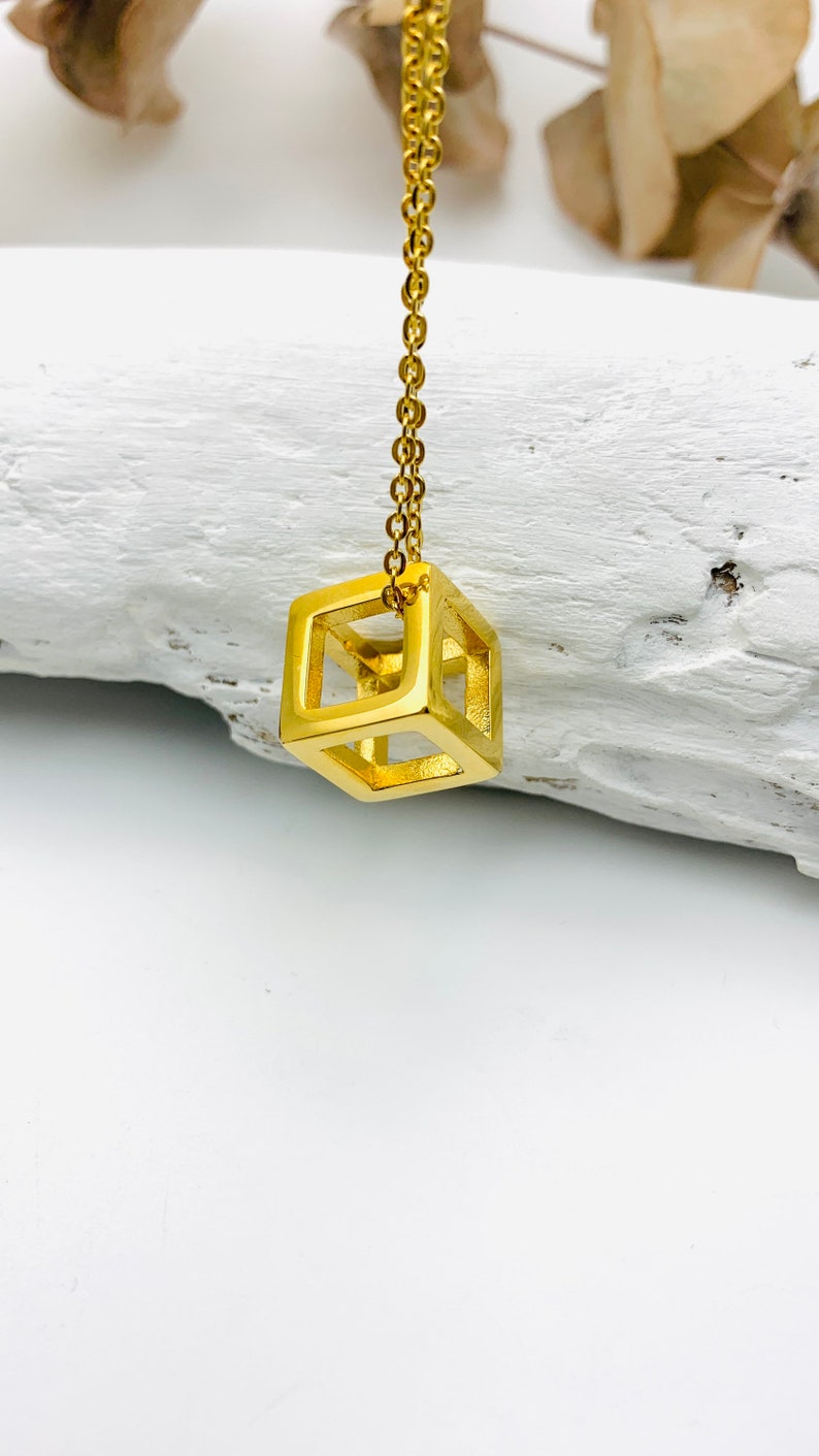 Gold Cube Necklace Minimalist stainless steel pendant 3D image 7
