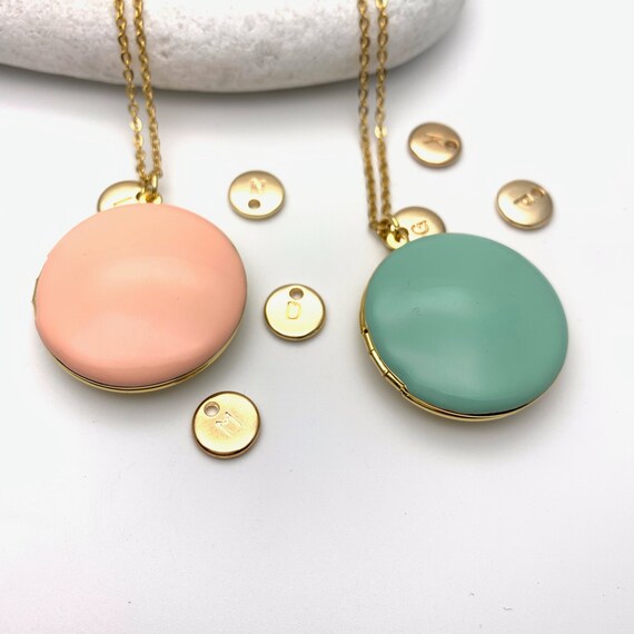 Large Round Photo Locket Color Enamel Necklace Long surgical steel chain 18k gold plated