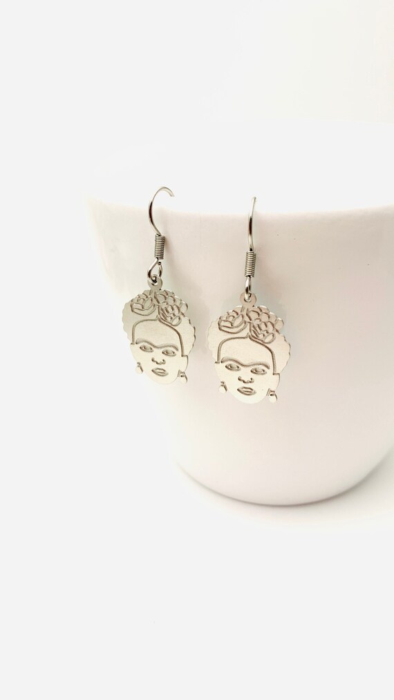 Frida Kahlo Earrings, silver stainless steel/Feminist icon artist painter