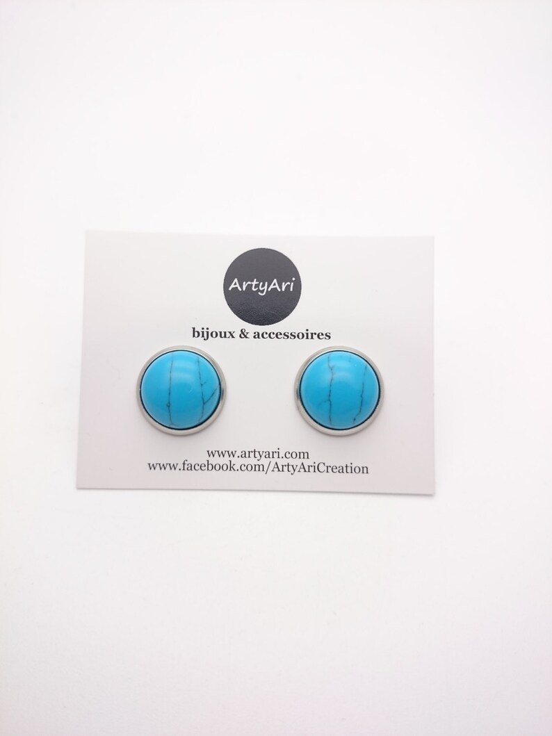 Turquoise and silver stainless steel round earrings studs 12 mm hypoallergenic