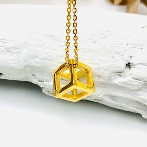 Gold Cube Necklace Minimalist stainless steel pendant 3D image 1