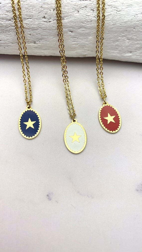 Star Necklace Oval Medal Color Enamel Gold Stainless Steel/White, red, blue pendant