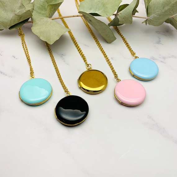 Round Photo Locket Enamel Necklace, 14k gold plated surgical steel, personalized initial