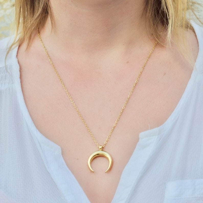 Gold Horn Necklace, Crescent Moon Necklace, stainless steel image 1