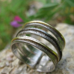 Handmade sterling silver-Adjustable Ring-Rhodium plated Silver-Ring tricolore-Band Ring 925-Chunk Ring
