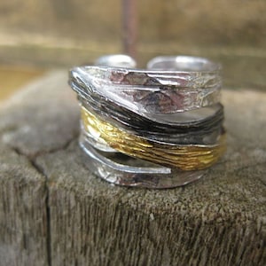 Handmade Silver 925-Band Ring-Tricolor Ring-Modern-Minimal-Raw Silver-Rhodium plated-Gold plated Silver-Greek Jewelry-Adjustable Ring 925