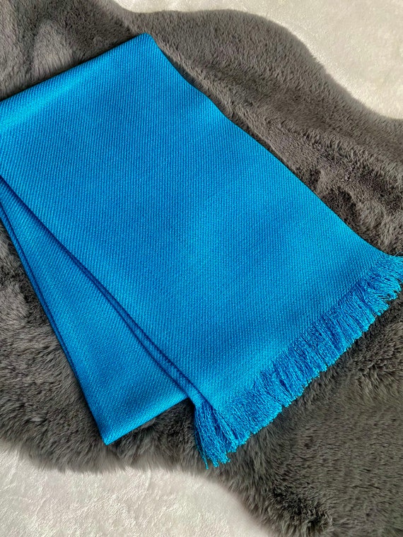 Vintage Turquoise Woven Wool Scarf / Long Blue Sc… - image 1