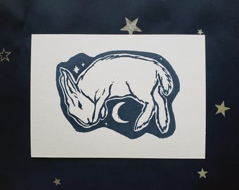 Moon Bunny Linocut Print - Open Edition