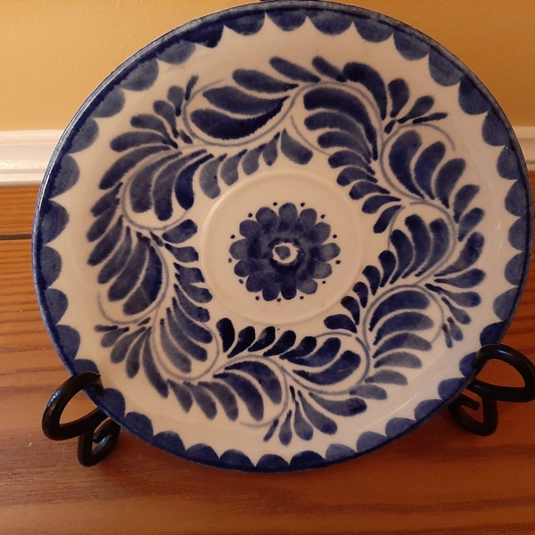 Vintage Anfora Mexico Pueblo Blue Flower Center Saucer / 7" Handcrafted Mexico