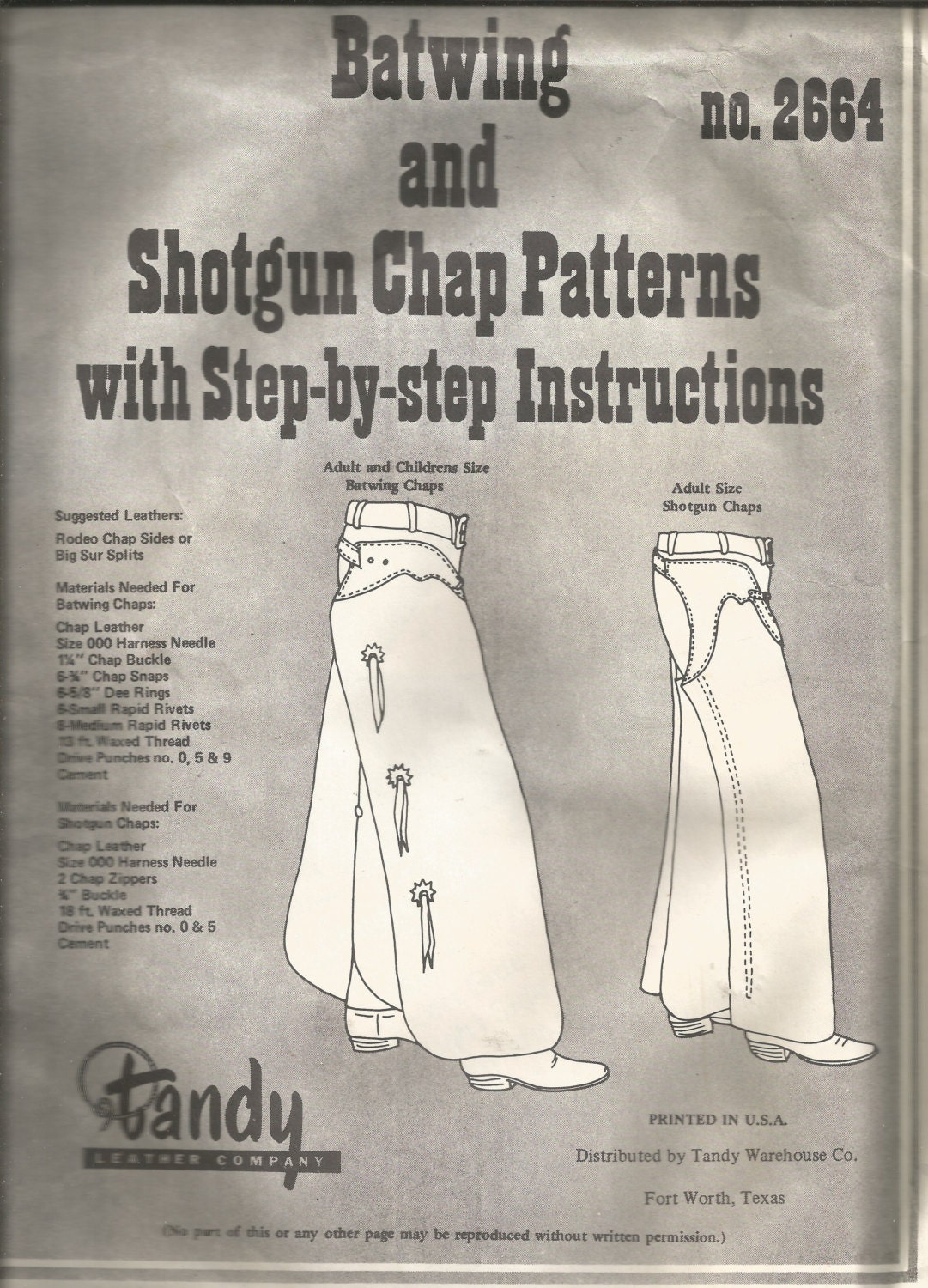 Tandy BATWING & SHOTGUN CHAP Patterns 2664 / Adult and Etsy