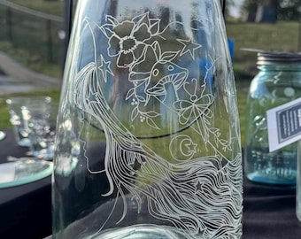 Glass lantern Into the Mystic: Little Witch heavy lantern with wire handle sand etched