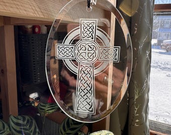 Celtic cross sand carved into glass