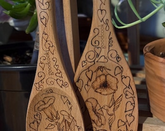 Large freehand burned wooden spoon or spatula