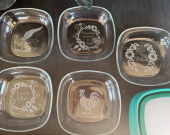 7 inch Square sand etched glass bowl with sealing lid (green)