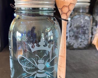 Ball blue sand etched honey jar with freehand pyro spoon