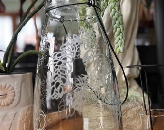 Succulent Lantern etched glass