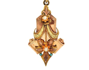 Victorian Turquoise and Pearl 14K & 10K Yellow Gold Floral Pendant