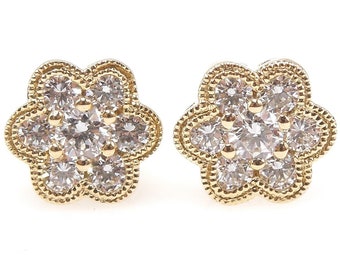 Petite Yellow Gold and Diamond Flower Stud Earrings