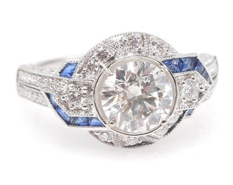 Art Deco Style 1.01ct Diamond Engagement Ring with Geometric French Cut Sapphire Pattern and Filigree