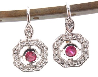 Octagonal Ruby and Diamond Art Deco Style Drop Earrings in 14K Yellow and White Gold